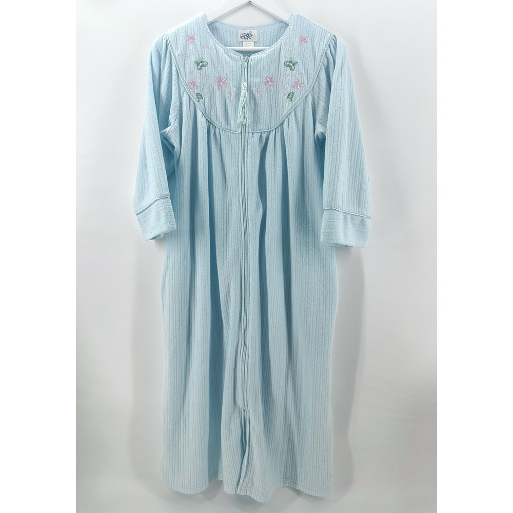 Casual Nights Womens Embroidered Zip Front Housecoat Striped‎ Blue Size SM Z1002